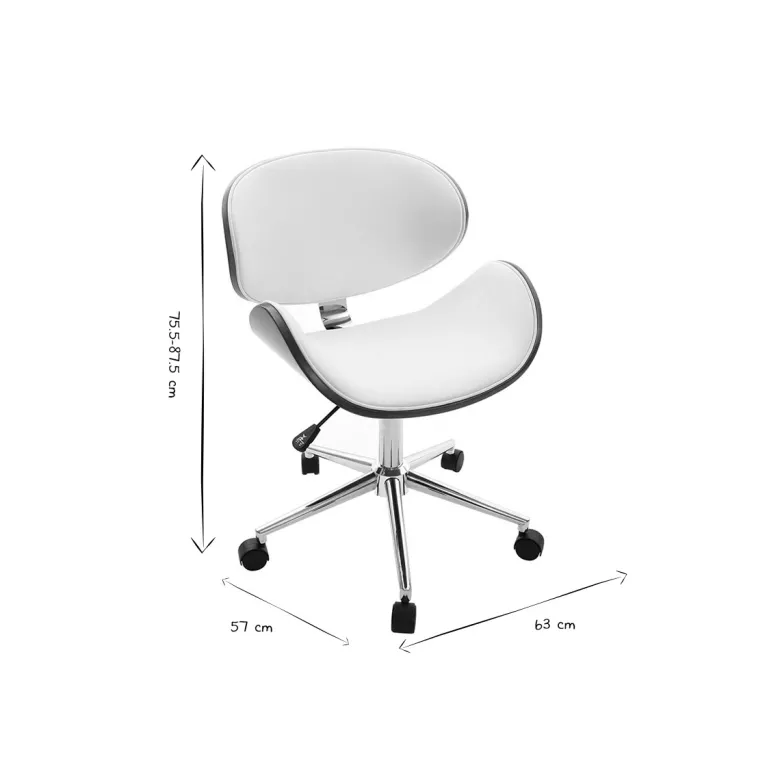 Chaise de bureau à roulettes blanc, bois foncé noyer et acier chromé walnut