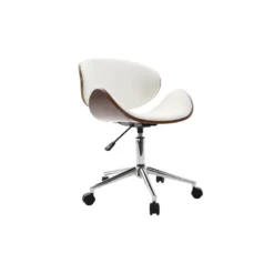 Chaise de bureau à roulettes blanc, bois foncé noyer et acier chromé walnut