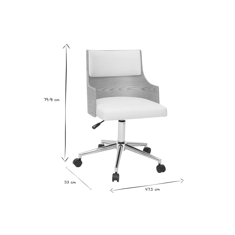 Chaise de bureau à roulettes blanc, bois clair et acier chromé mayol