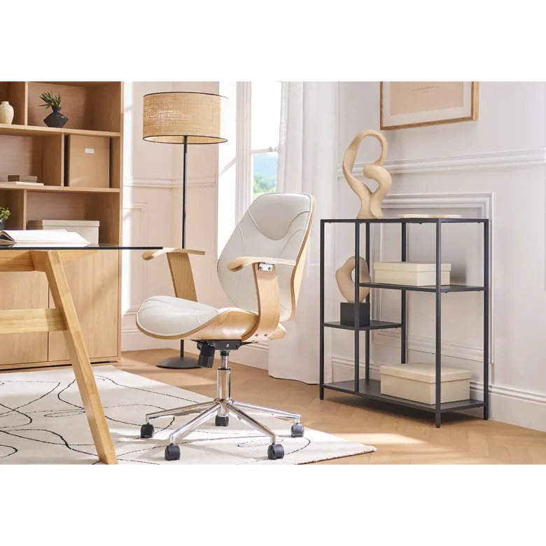 Chaise de bureau à roulettes blanc, bois clair et acier chromé yorke