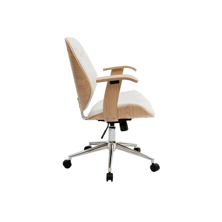 Chaise de bureau à roulettes blanc, bois clair et acier chromé yorke