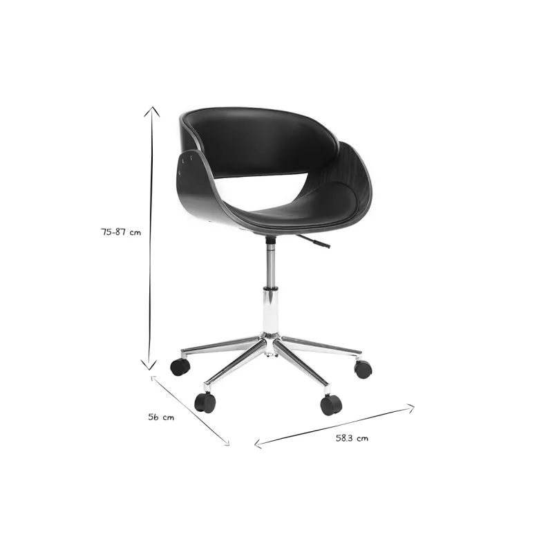 Chaise de bureau à roulettes noir, bois foncé noyer et acier chromé bent