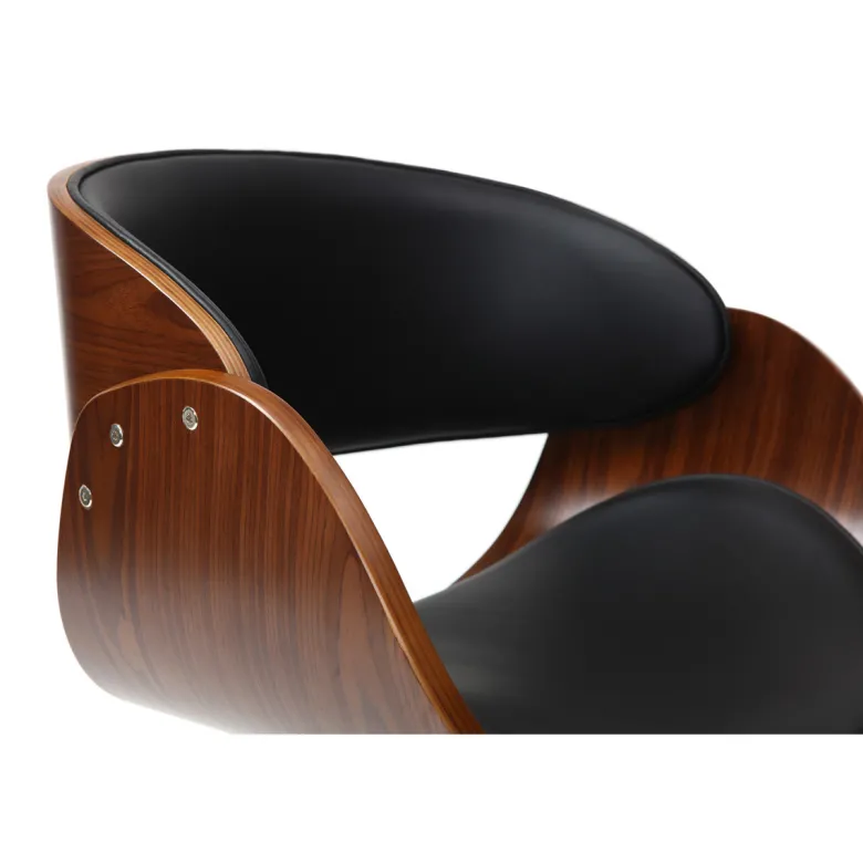 Chaise de bureau à roulettes noir, bois foncé noyer et acier chromé bent
