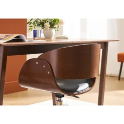 Chaise de bureau à roulettes noir, bois foncé noyer et acier chromé bent