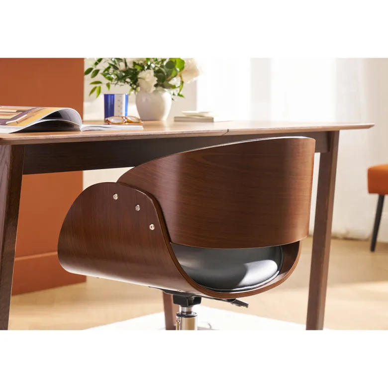 Chaise de bureau à roulettes noir, bois foncé noyer et acier chromé bent