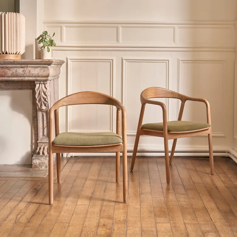 Chaise en teck massif et velours kaki