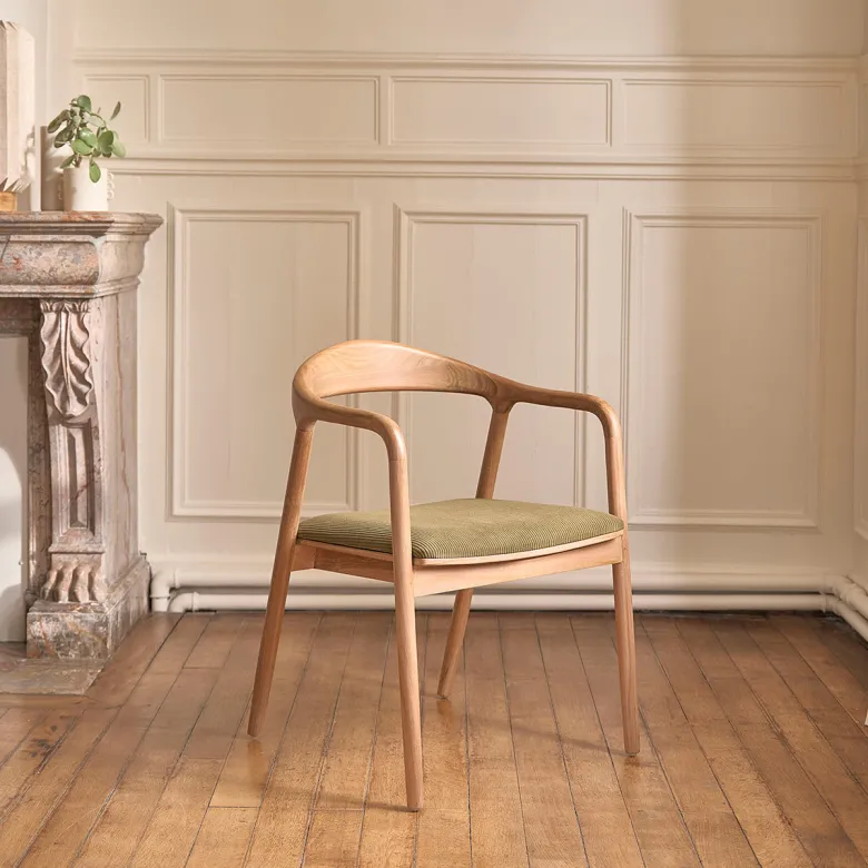 Chaise en teck massif et velours kaki