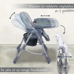 Chaise haute bébé pliable - grise