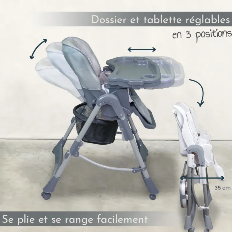 Chaise haute bébé pliable - grise