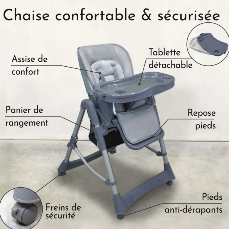 Chaise haute bébé pliable - grise