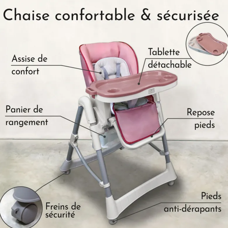 Chaise haute bébé pliable - rose
