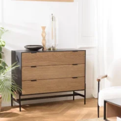 Charlie - commode bois marron et noire 3 tiroirs pin pieds métal