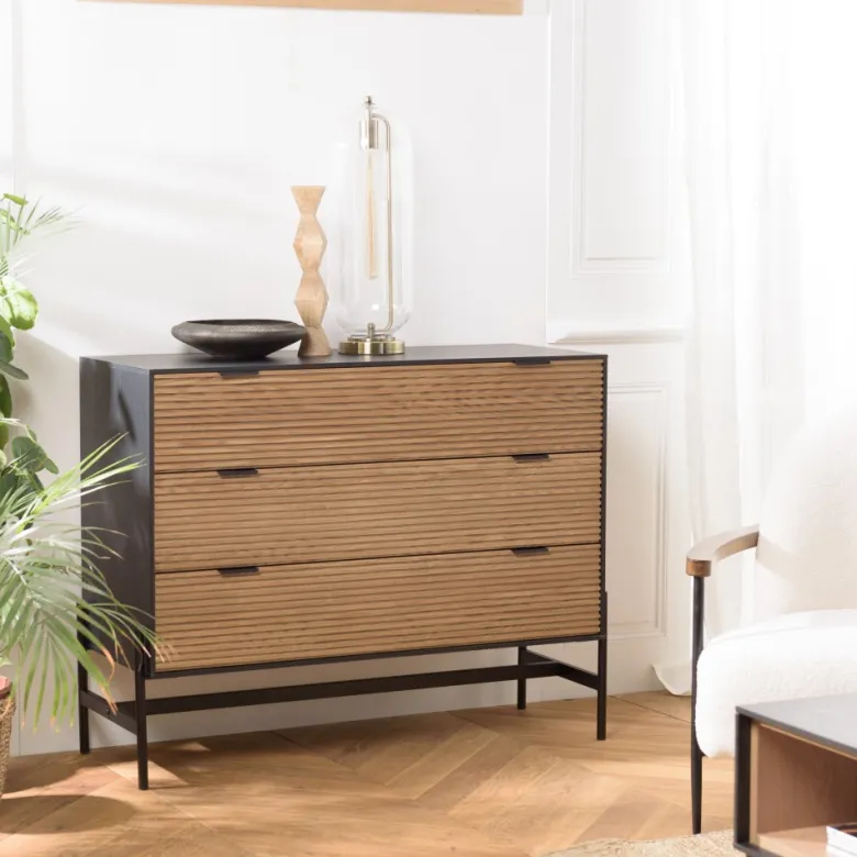 Charlie - commode bois marron et noire 3 tiroirs pin pieds métal