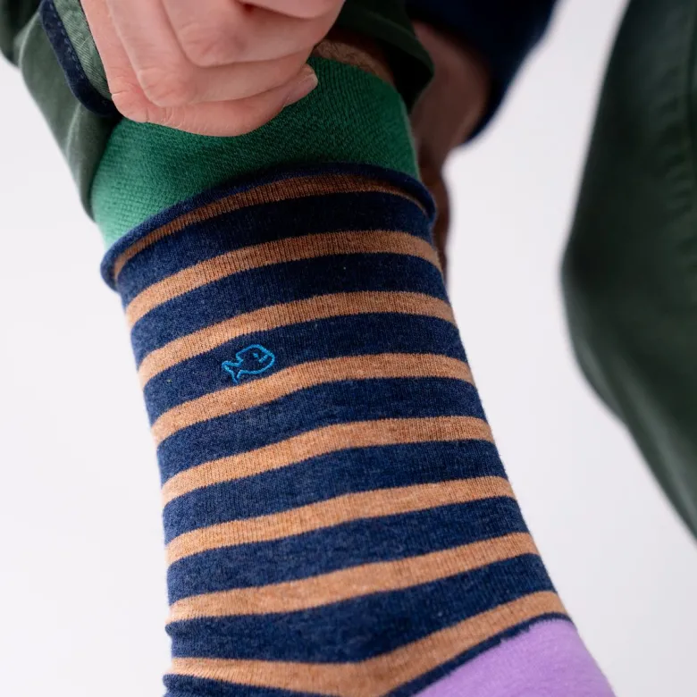 Chaussettes rayures larges bleu et beige