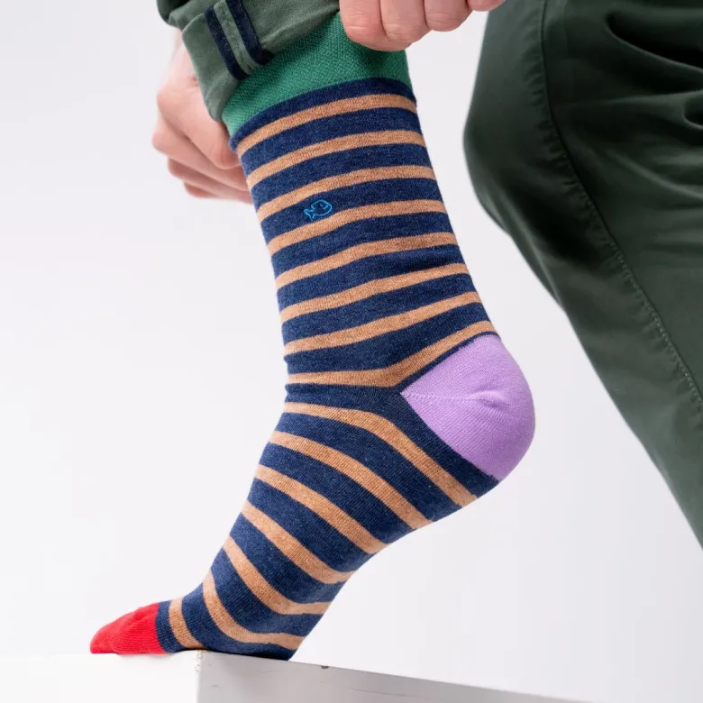 Chaussettes rayures larges bleu et beige