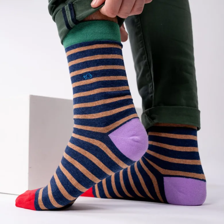 Chaussettes rayures larges bleu et beige