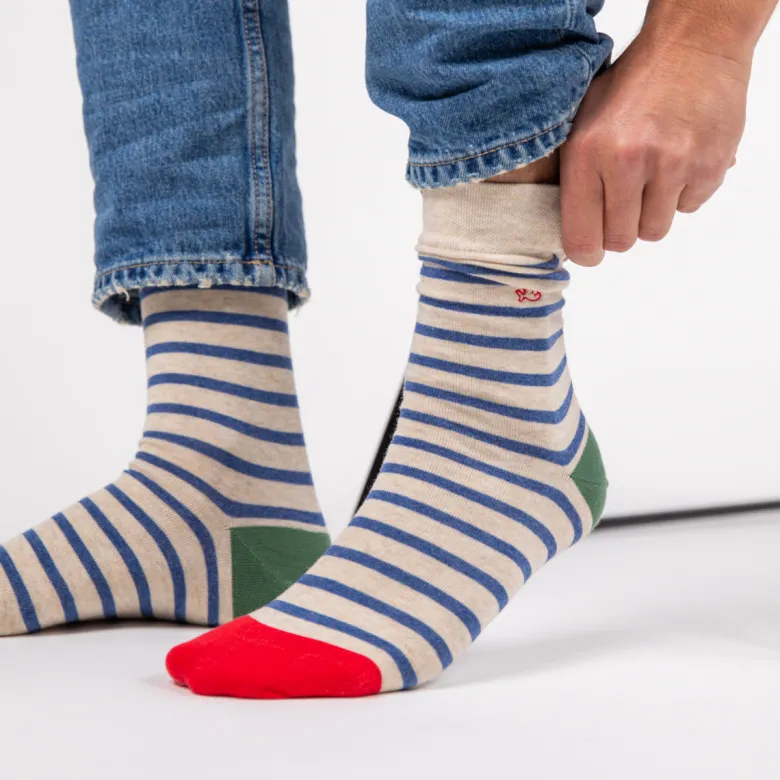 Chaussettes rayures larges beige et bleu