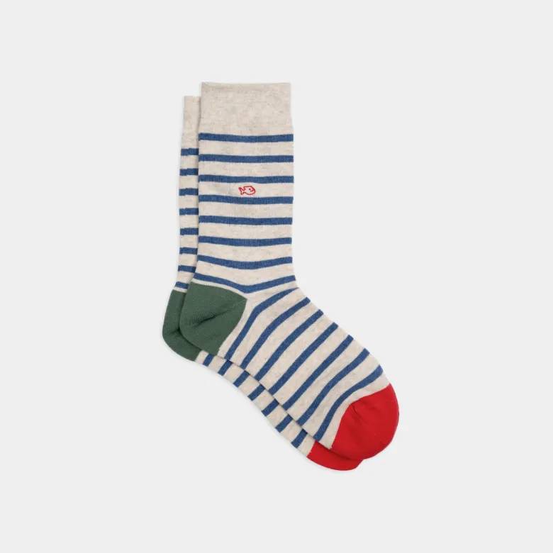 Chaussettes rayures larges beige et bleu