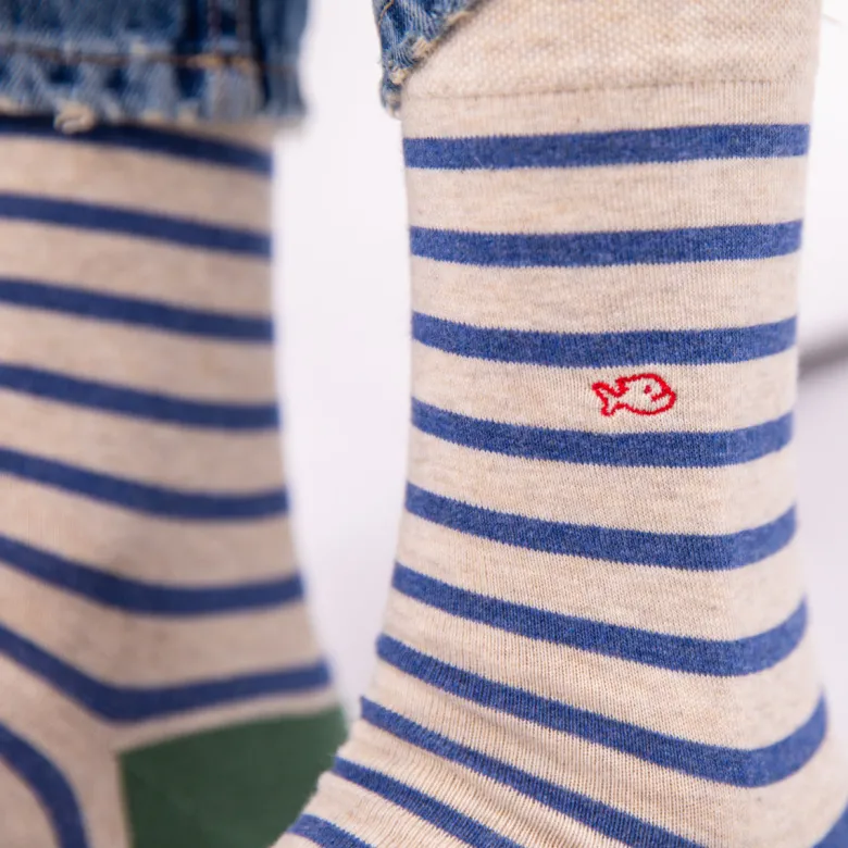 Chaussettes rayures larges beige et bleu