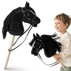 Cheval à bâton hobby horse en bois et peluche mamabrum noir dès 3 ans 68 cm