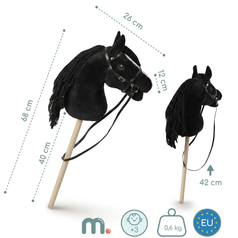 Cheval à bâton hobby horse en bois et peluche mamabrum noir dès 3 ans 68 cm