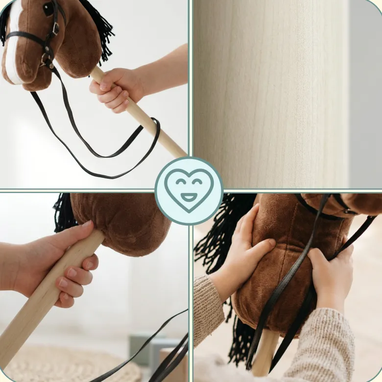 Cheval à bâton hobby horse en bois et peluche mamabrum marron dès 3 ans 68 cm