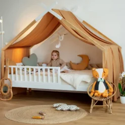 Ciel de lit cabane gaze coton camel