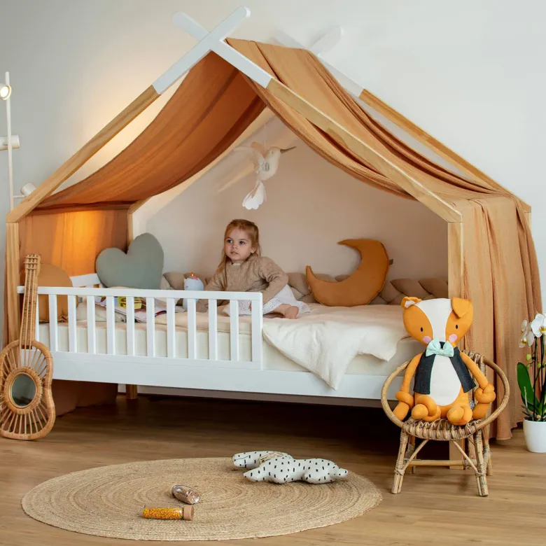 Ciel de lit cabane gaze coton camel