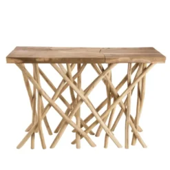 Clara - console plateau rectangulaire bois de teck - pieds bois flotté