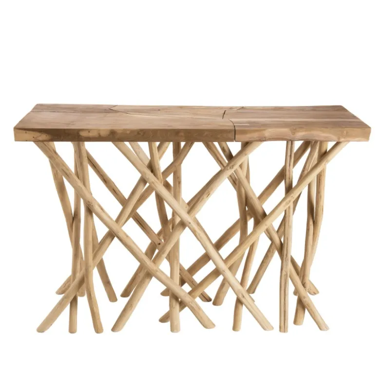Clara - console plateau rectangulaire bois de teck - pieds bois flotté