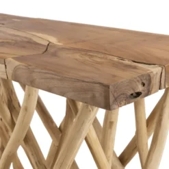 Clara - console plateau rectangulaire bois de teck - pieds bois flotté