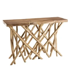 Clara - console plateau rectangulaire bois de teck - pieds bois flotté
