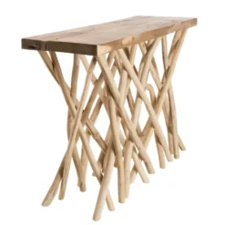 Clara - console plateau rectangulaire bois de teck - pieds bois flotté