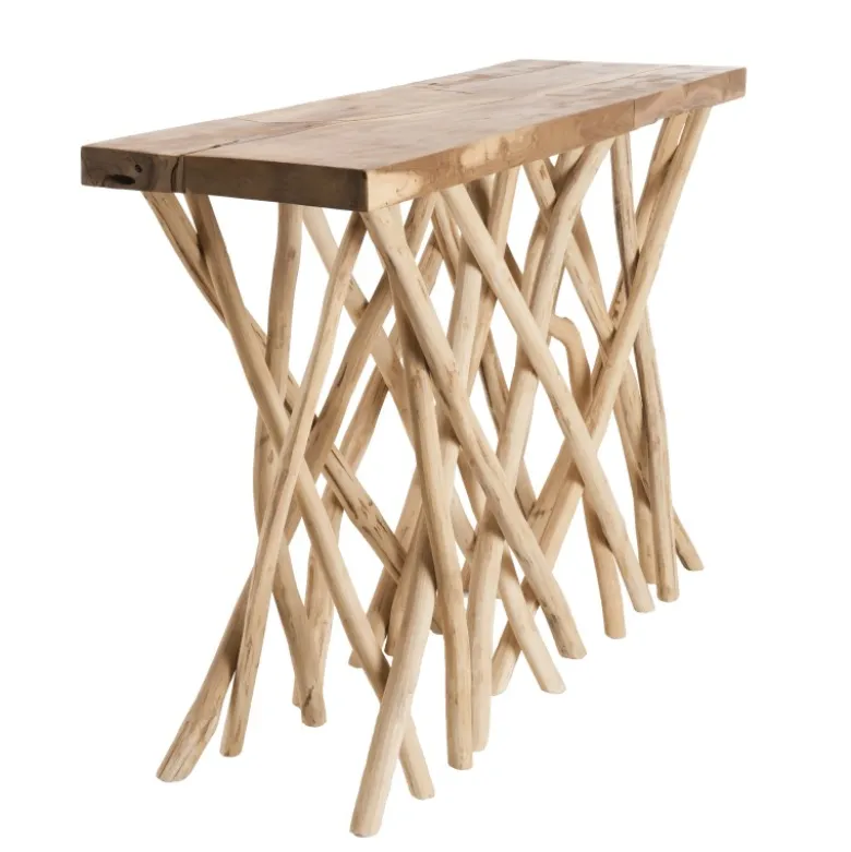 Clara - console plateau rectangulaire bois de teck - pieds bois flotté