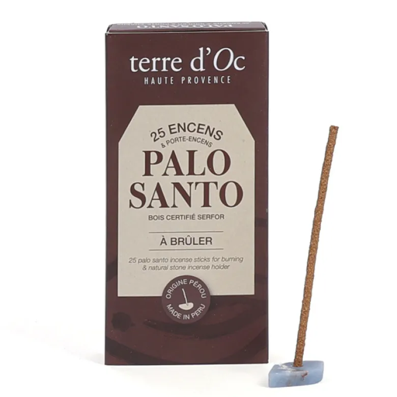 Coffret 25 bâtons d’encens Palo Santo du Pérou et support en pierre terre d'Oc