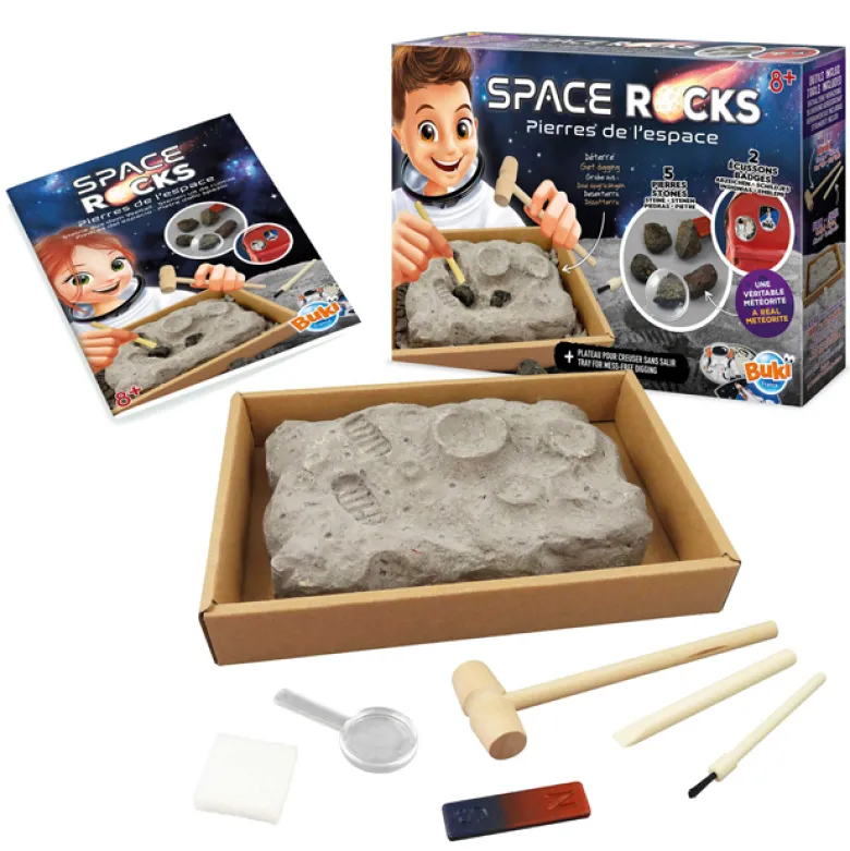 Coffret excavation 5 pierres de l'espace et une vraie météorite Buki