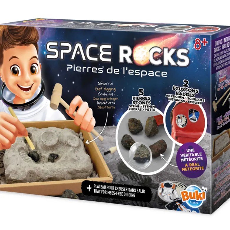 Coffret excavation 5 pierres de l'espace et une vraie météorite Buki