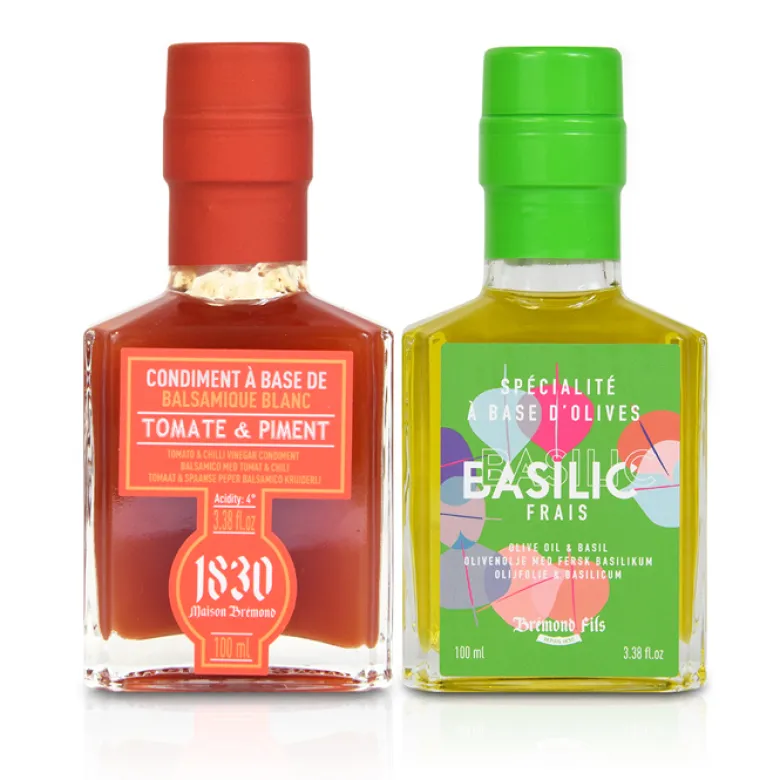 Coffret huile d'olive basilic 100ml et vinaigre balsamique tomate piment 100ml