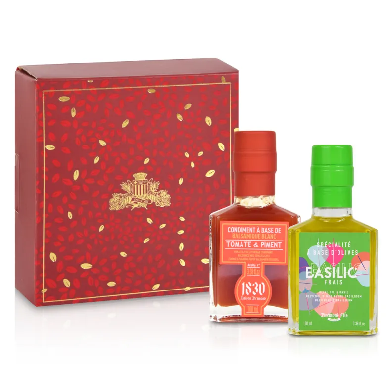 Coffret huile d'olive basilic 100ml et vinaigre balsamique tomate piment 100ml