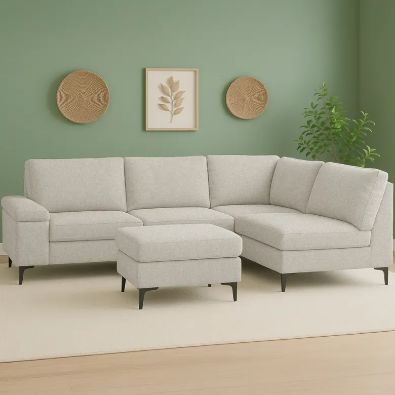 Colchester - canapé d'angle 4-5 places en tissu chenille beige avec pouf