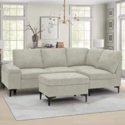 Colchester - canapé d'angle 4-5 places en tissu chenille beige avec pouf