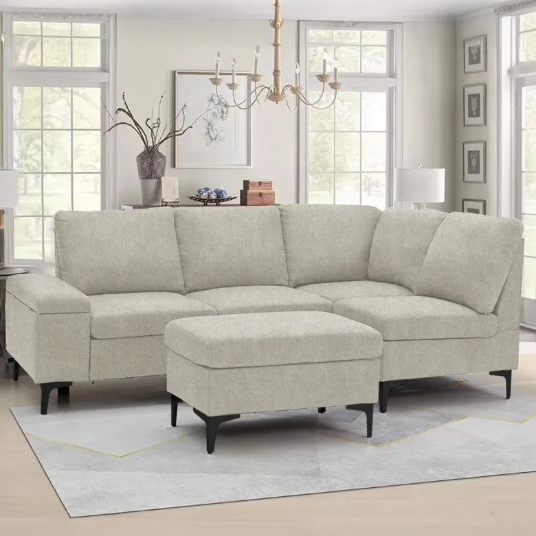 Colchester - canapé d'angle 4-5 places en tissu chenille beige avec pouf