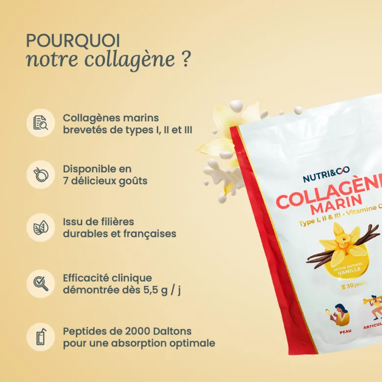 Collagène marin types 1, 2 & 3 - poudre goût vanille - 1 mois