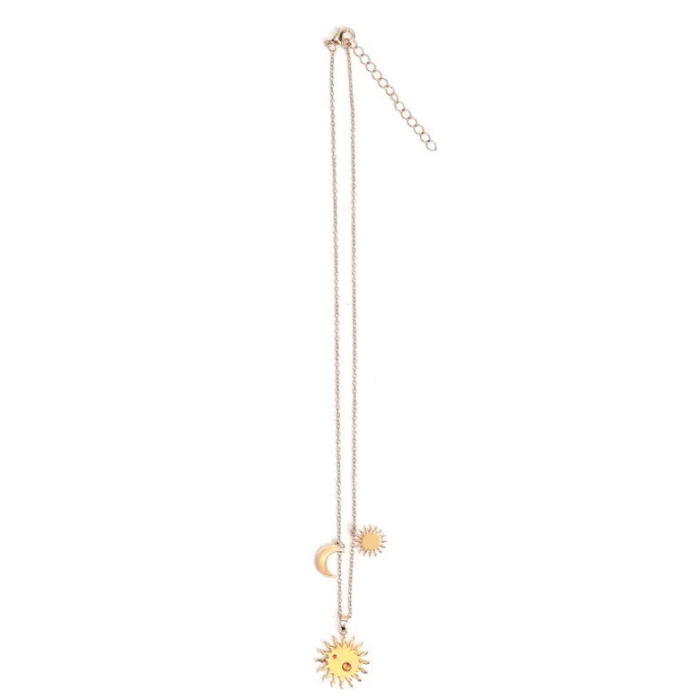 Collier breloques Soleil artisanal en acier inoxydable doré et perles de verre