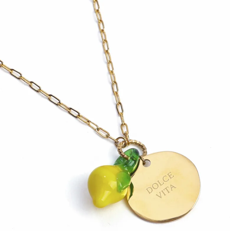 Collier Dolce Vita en acier inoxydable doré et fruits en verre Citron