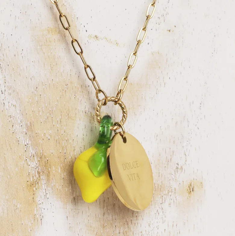 Collier Dolce Vita en acier inoxydable doré et fruits en verre Citron