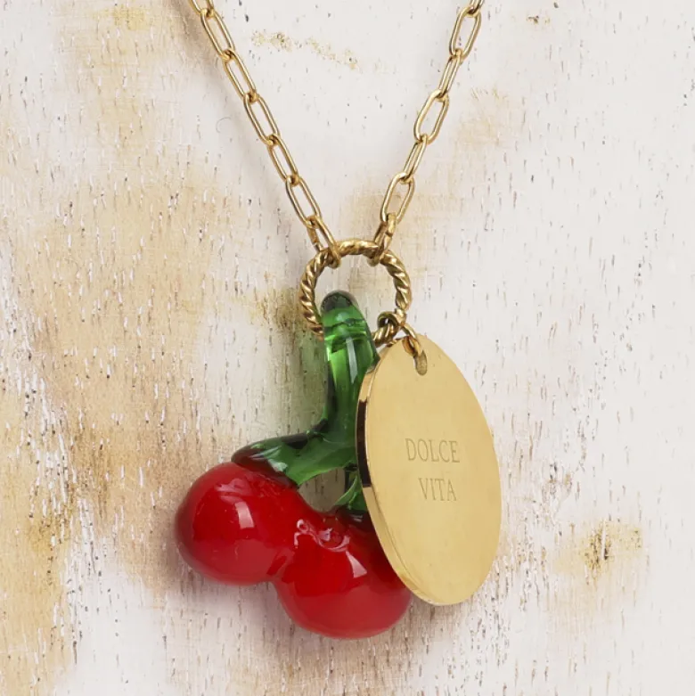 Collier Dolce Vita en acier inoxydable doré et fruits en verre Cerises