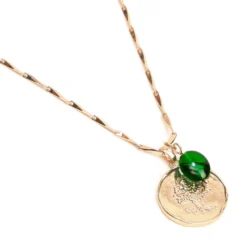 Collier médaille arbre de vie en acier inoxydable doré et perle de verre