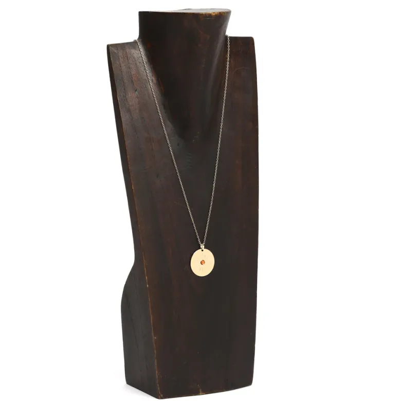 Collier médaille Soleil artisanal en acier inoxydable doré et perle de verre