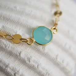 Collier ras du cou plaqué or 14 k, chaine cercles doré, pierre vert d'eau